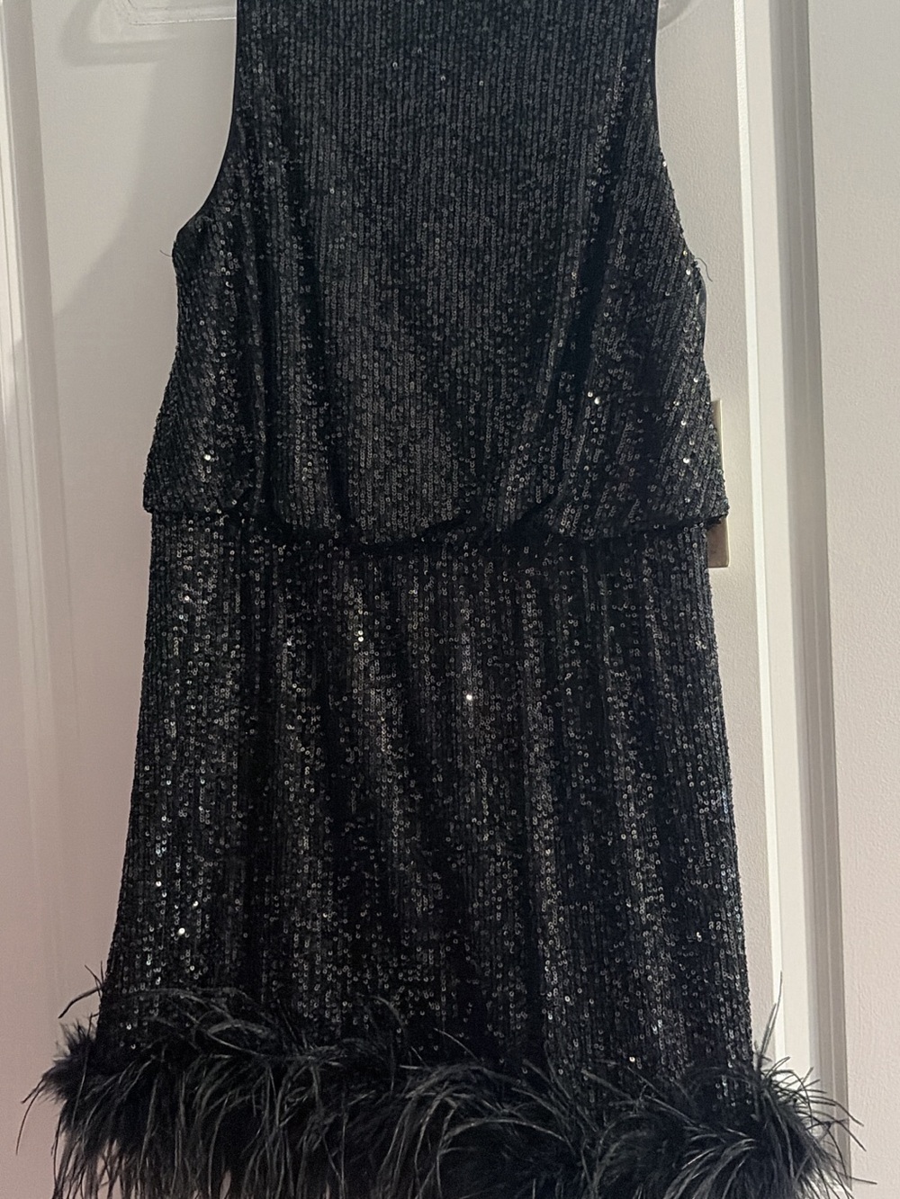 Black Sequin Feather Hem Party Dress